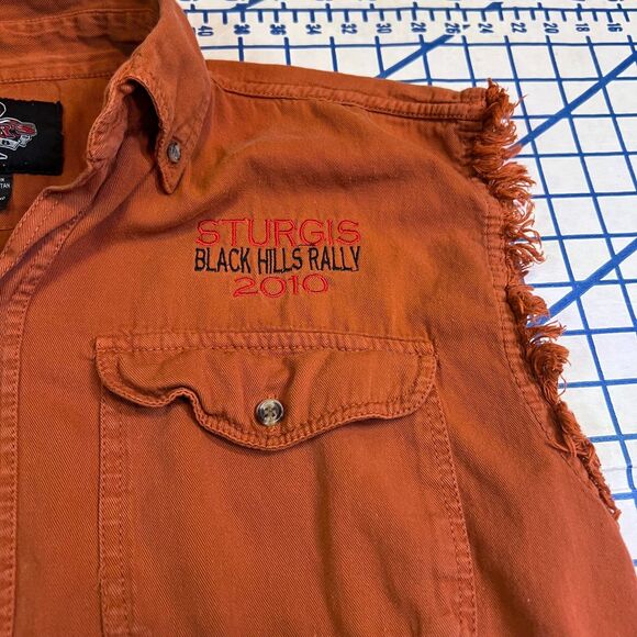 Sturgis 2010 Bike Week Sleeveless Button Shirt Size Large Eagle Graphic Orange - Picture 6 of 10